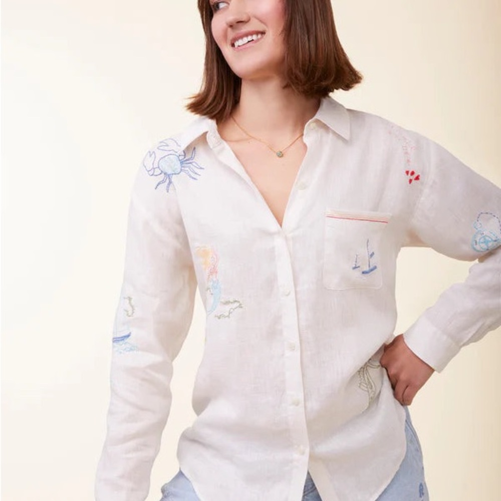 Spartina 449 Coconut Embroidered Buttonfront Aida Shirt NWT